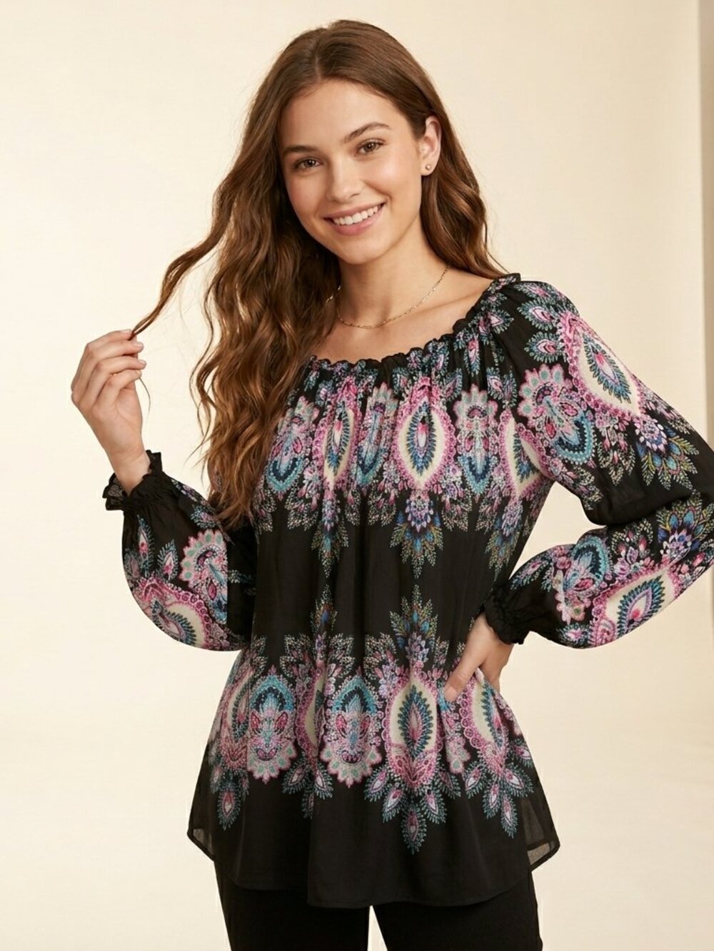Melissa Paige Women’s Paisley Print Boho Size Large Long Sleeve Shirred Blouse